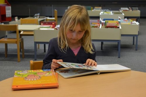 Une jeune fille qui regarde un livre.