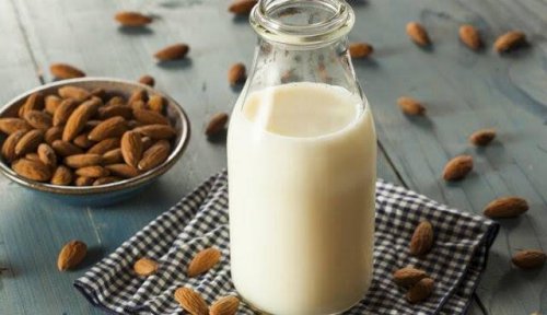 A bottle of fresh almond juice.