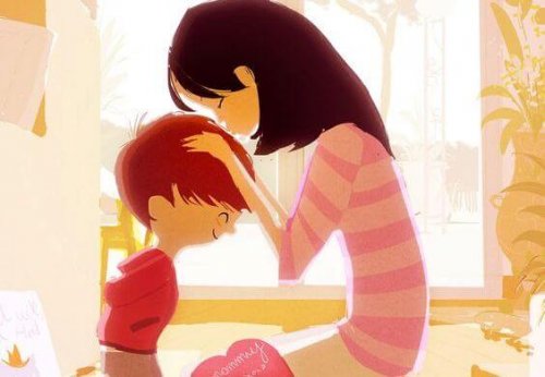 mamá besando a su hijo repetado