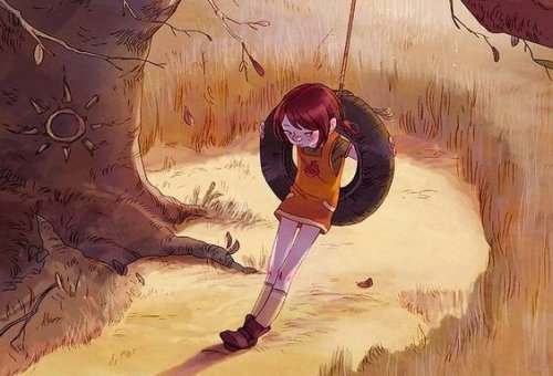 niña triste en columpio