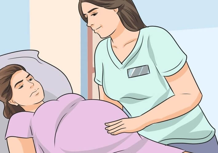 Dessin d'une femme enceinte à l'hôpital avec une soignante.