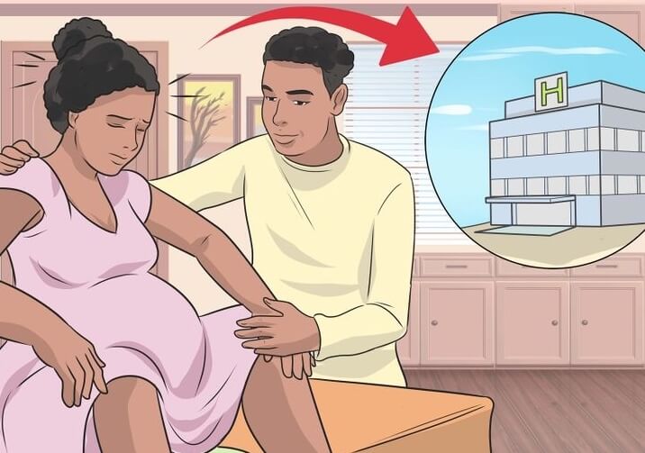 Dessin d'un homme qui accompagne sa femme qui va accoucher.