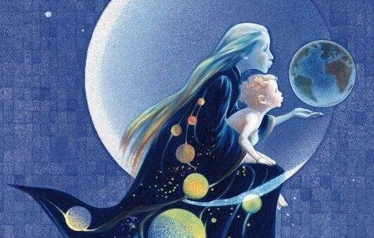 mamá con niño en luna
