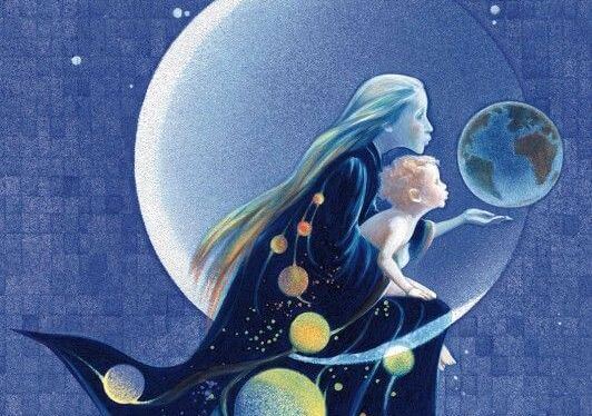 mamá con niño en luna