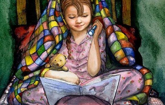 Illustration d'une petite fille lisant un livre avec une lampe torche sous une couverture