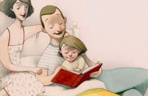 padre y madre leyendo un libro en la cama