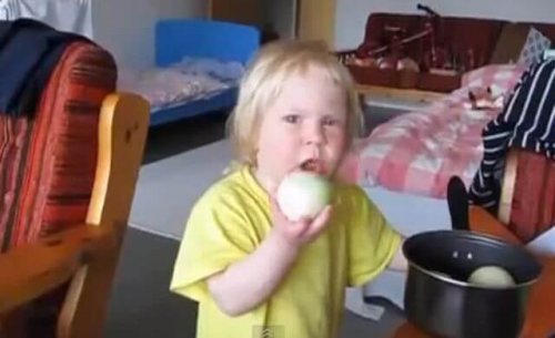 Un enfant qui mange un oignon.