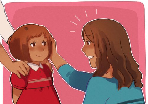 Dessin d'une maman qui félicite sa petite fille.