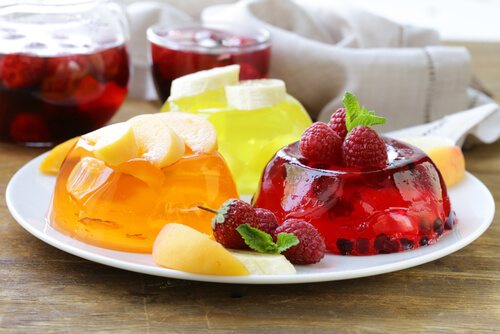 Gelatin with pieces of fruit in it.