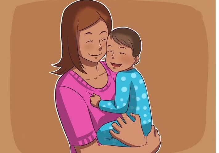 A cartoon drawing of a mother holding her son.
