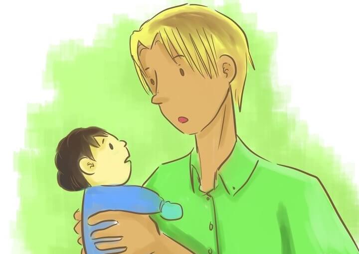 A cartoon image of a father holding a baby.