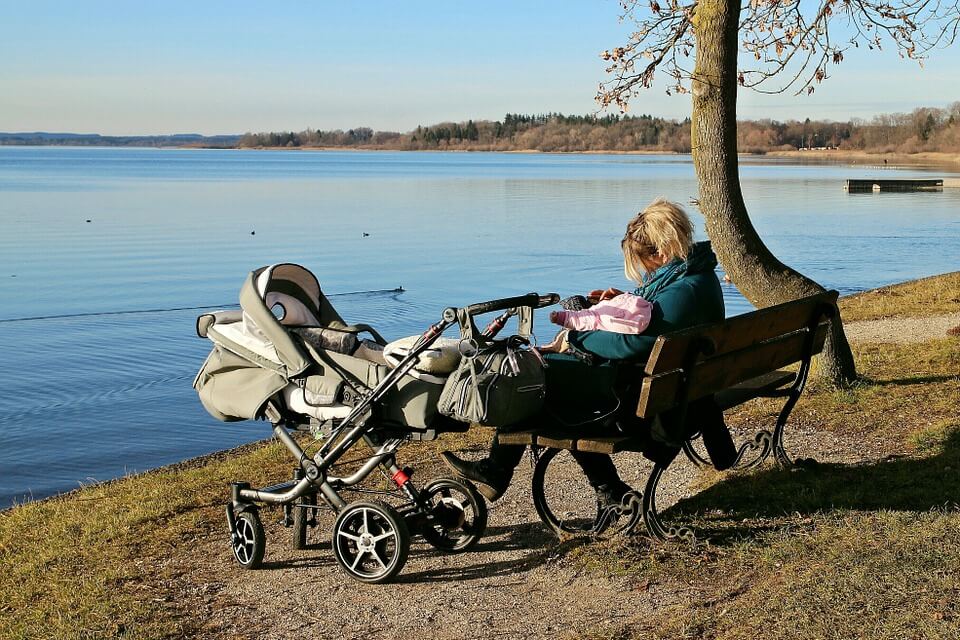 Rest Lake Baby Carriage Bench Break Nature Water