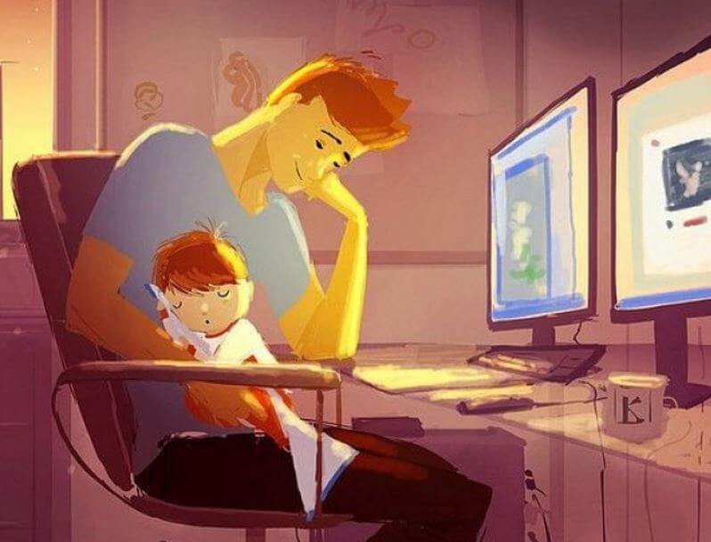 Padre con su hijo dormido en brazos