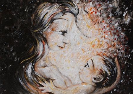 A painting of a mother and baby gazing at one another.