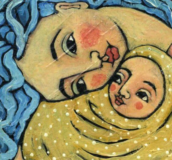 A painting of a mother snuggling with her baby.