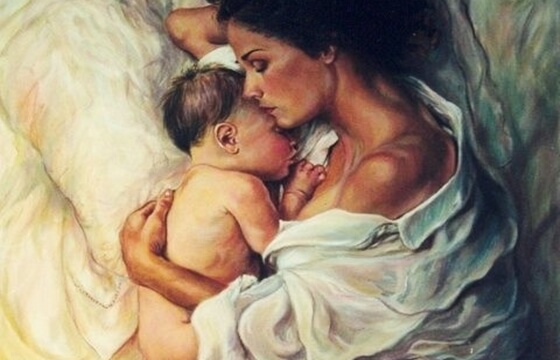 Peinture d'une mère et de son bébé dans les bras. 