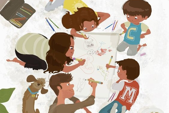 una familia dibujando en medio del desorden