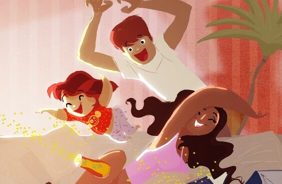 En tecknad illustration av en familj på tre som leker och skrattar.