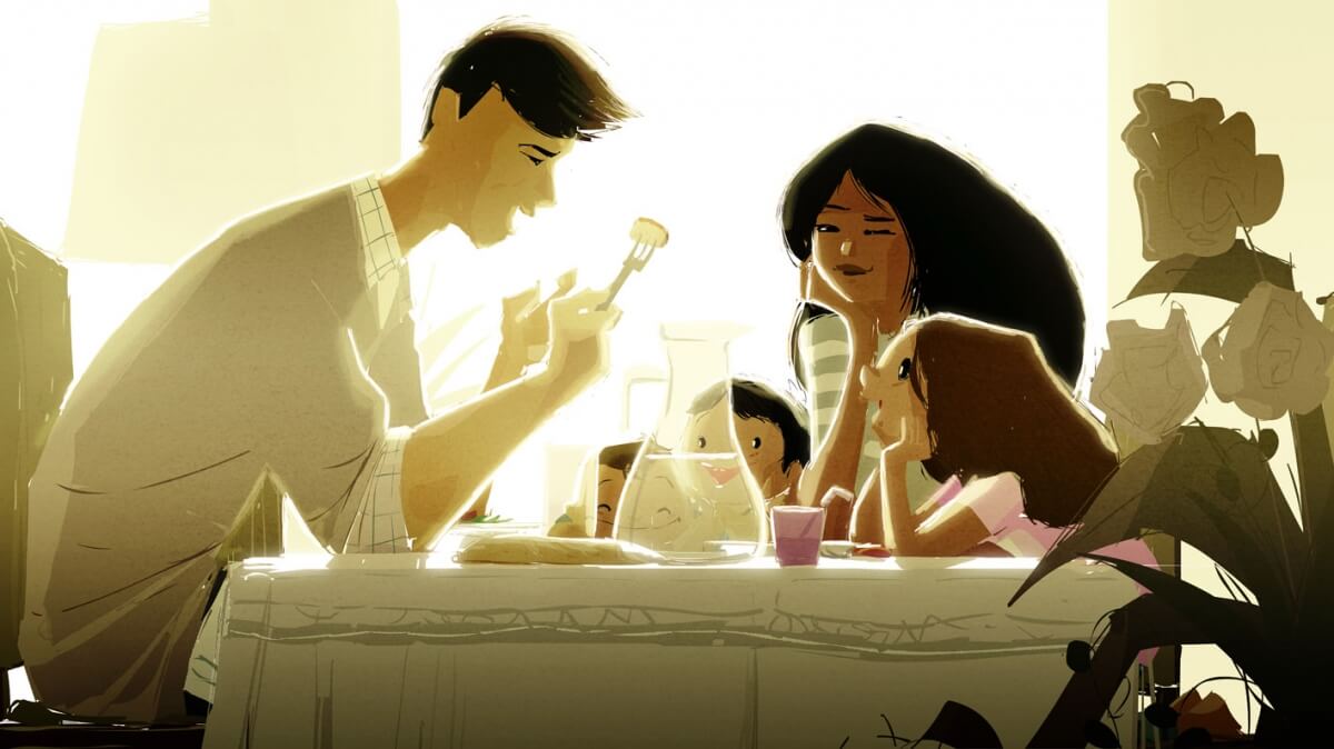 A cartoon illustration of a family sitting down for dinner.
