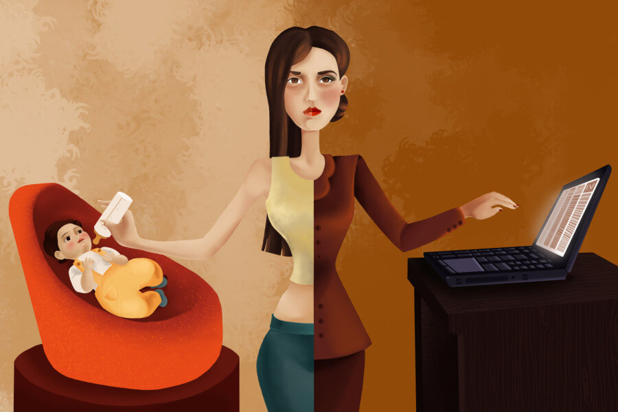 Dibujo de una mujer trabajadora que a la vez es ama de casa