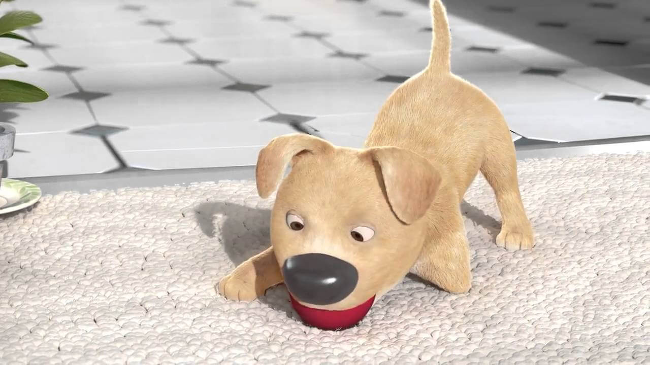 Valpen från kortfilmen "The Present" greppar en röd boll med munnen.
