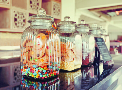 Cookie jars on a counter top.