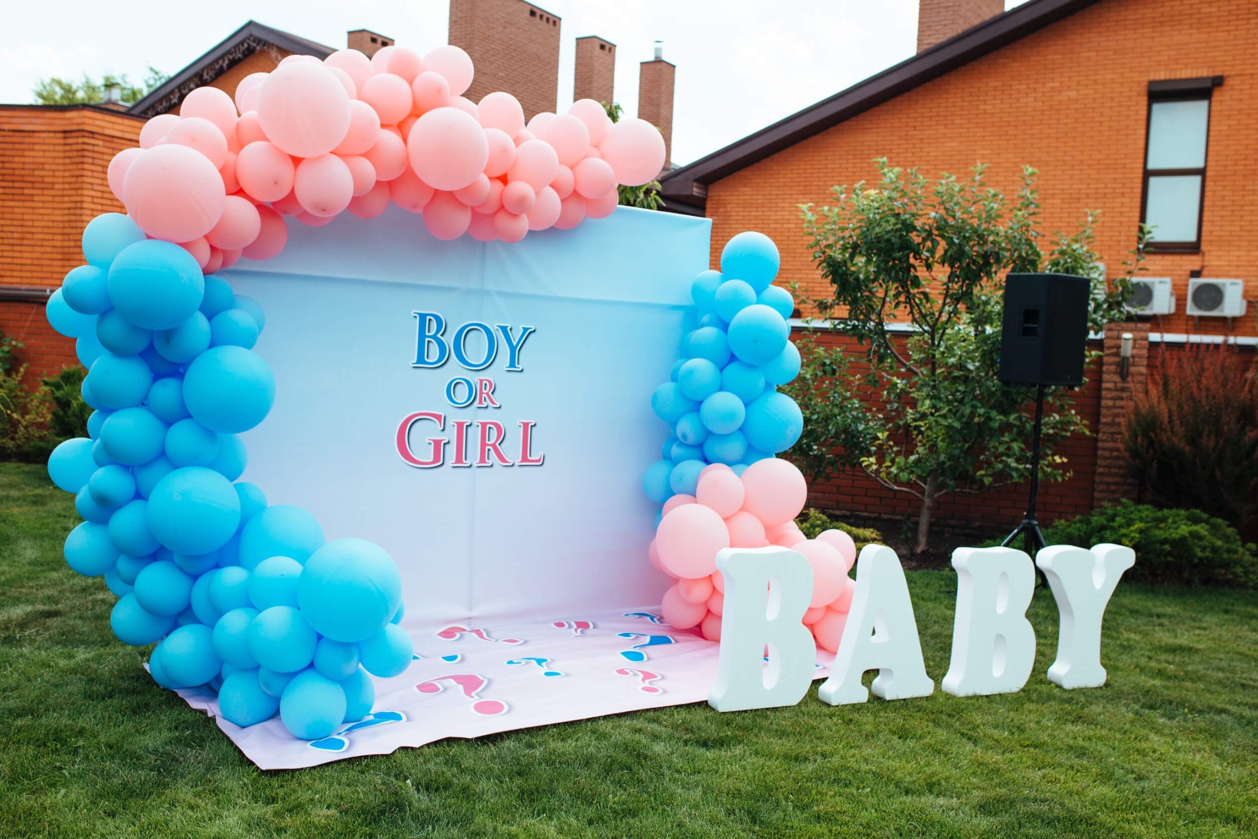 A gender annountment party in a backyard.