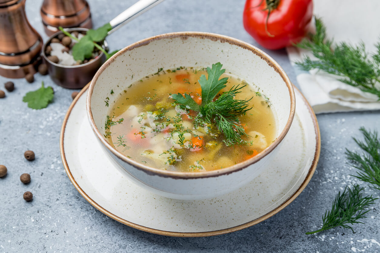 Plato de sopa con fideos y pollo