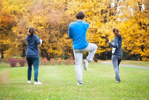 Personas haciendo tai chi en el parque.