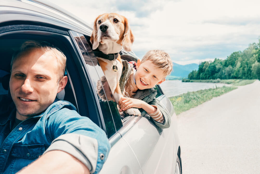 Un padre y su hijo se asoman por la ventanilla de su coche para familias numerosas. El perro familiar también se asoma por la ventanilla junto al niño.