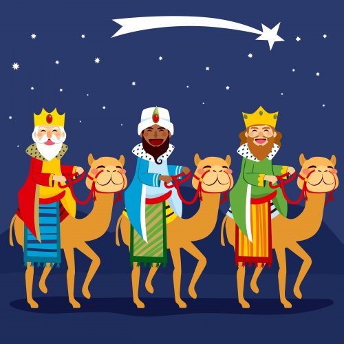 Dibujo de los Reyes Magos de Oriente siguiendo la estrella para llegar a Belén.