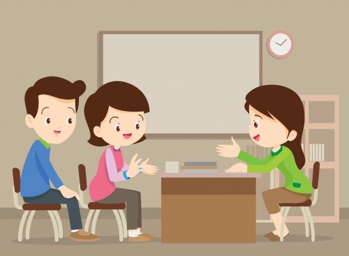 Dessin d'une rencontre entre deux parents et une enseignante.