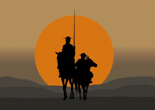 El Quijote y Sancho Panza caminando al atardecer.
