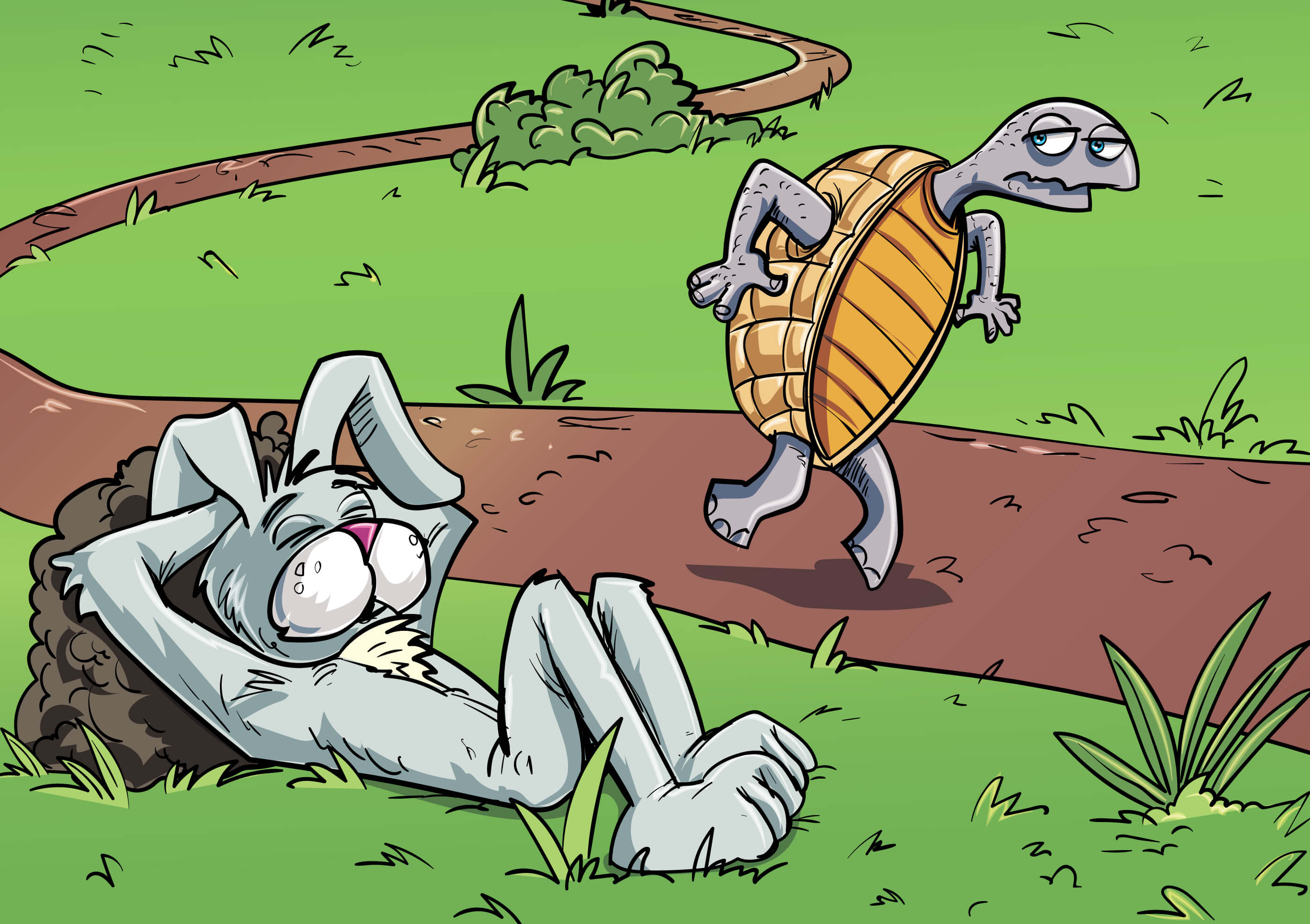 A cartoon drawing of a scene from the Tuortoise and the Hare.