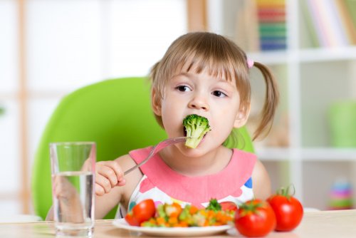 Niña comiendo un plato de frutas y verduras con una buena nutrición infantil.