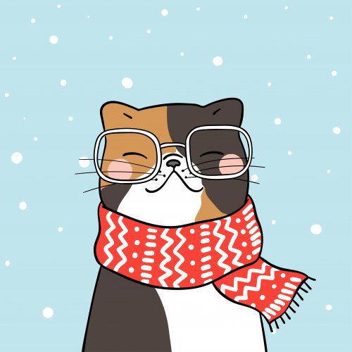 Gato con gafas y bufanda bajo la nieve.