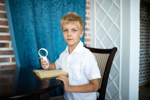 Niño con una lupa como los protagonistas de los libros infantiles sobre detectives.