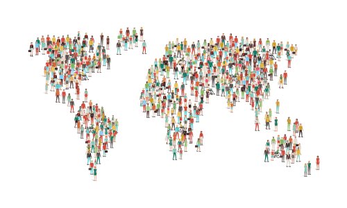 Mapamundi hecho con personas para representar la educación para una ciudadanía mundial.