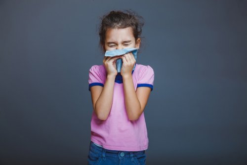 Niña sonándose la nariz con un pañuelo debido a que tiene alergia a los ácaros.