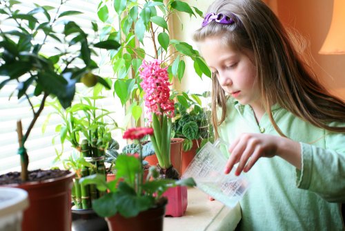 Niña regando las plantas responsablemente.