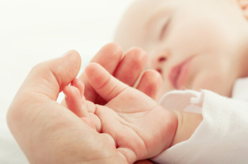 Madre che tiene la mano del suo bambino.