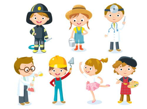 Dibujo de unos niños representando las diferentes profesiones que aparecen en el libro.