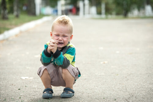 Niño con una rabieta llorando en medio de la calle.