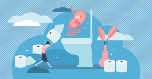 Donna che corre in bagno con un rotolo di carta igienica perché soffre di gastroenterite.
