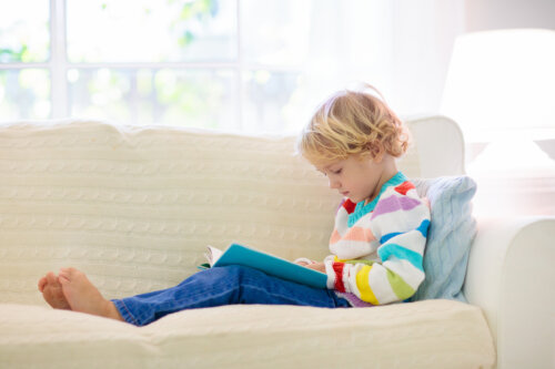 Niño leyendo libros informativos en el sofá de casa.