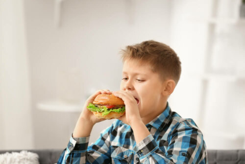 Niño comiéndose una hamburguesa.
