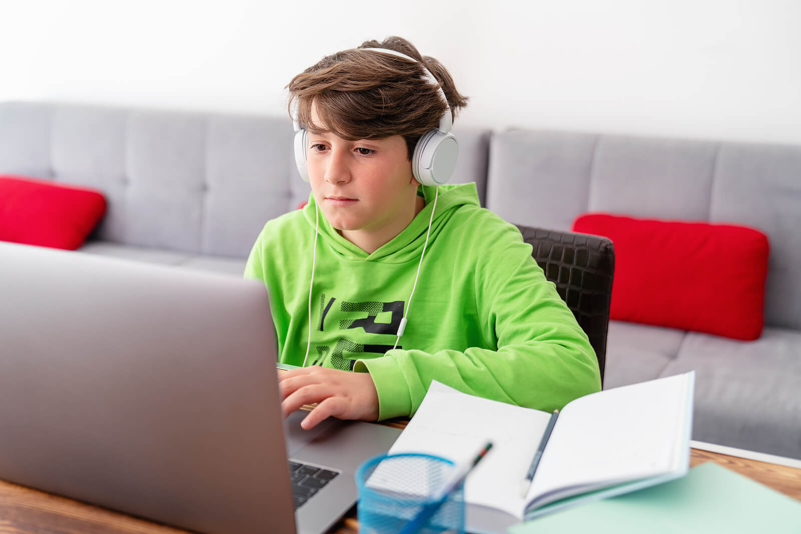 Garçon étudiant à la maison avec ordinateur.