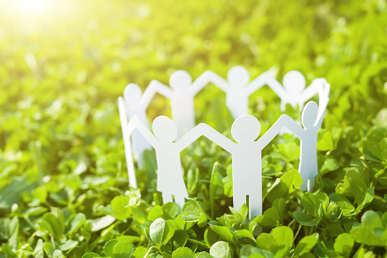 Muñecos de papel en el césped.