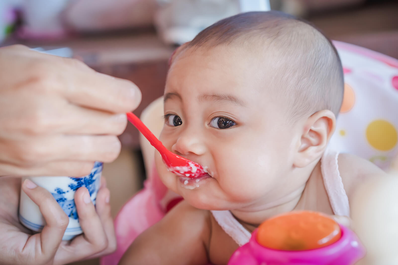 Bebé siendo alimentado mientras se introduce el gluten en su dieta.