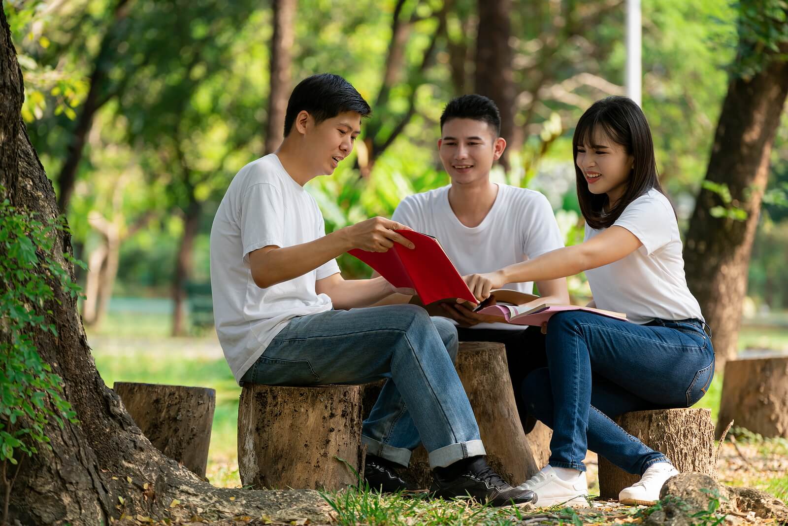 Chicos adolescentes al aire libre practicando el aprendizaje-servicio.